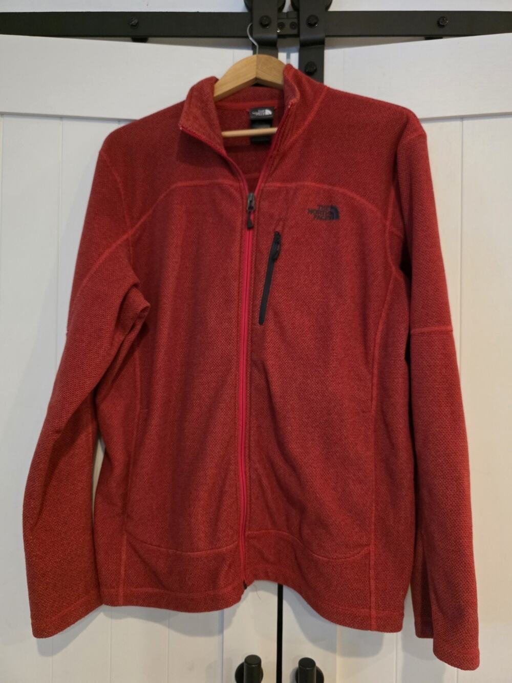 The North Face Men's Large Full Zip Textured Fleece Jacket Red Hiking Outdoor